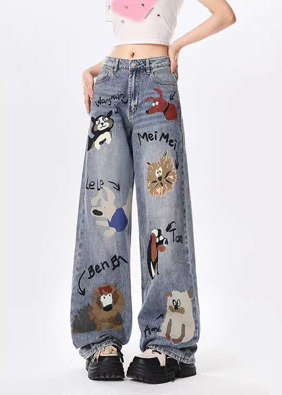 Women Casual Blue Graffiti Pockets Denim Wide Leg Pants Spring