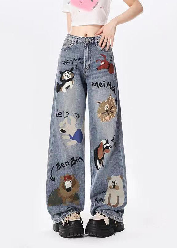 Women Casual Blue Graffiti Pockets Denim Wide Leg Pants Spring