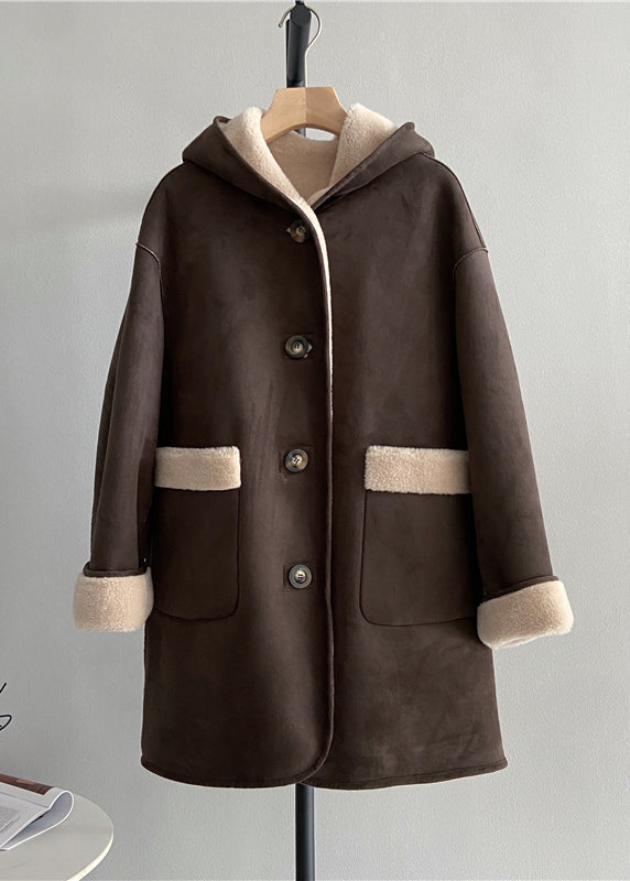 Women Chocolate Button  Woolen Hoodie Coat Wear On Both Sides Winter