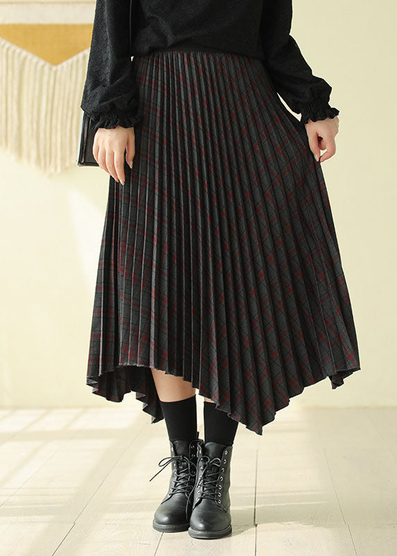 Women Chocolate Elastic Waist Asymmetrical Design Plaid Cotton Skirt Fall