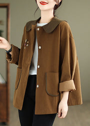 Women Chocolate Peter Pan Collar Patchwork Cotton Coat Spring