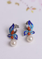 Women Cloisonne Butterfly Pearl Metal Stud Earrings