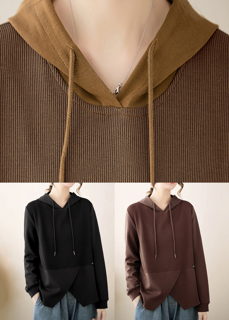 Women Coffee Asymmetrical Ruffled Patchwork Cotton Hooded Top Fall