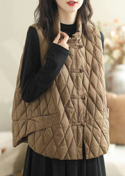 Women Coffee Button Pockets Patchwork Cotton Filled Waistcoat Sleeveless