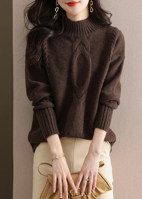 Women Coffee Half Hign Neck Thick Patchwork Knitted Sweaters Fall