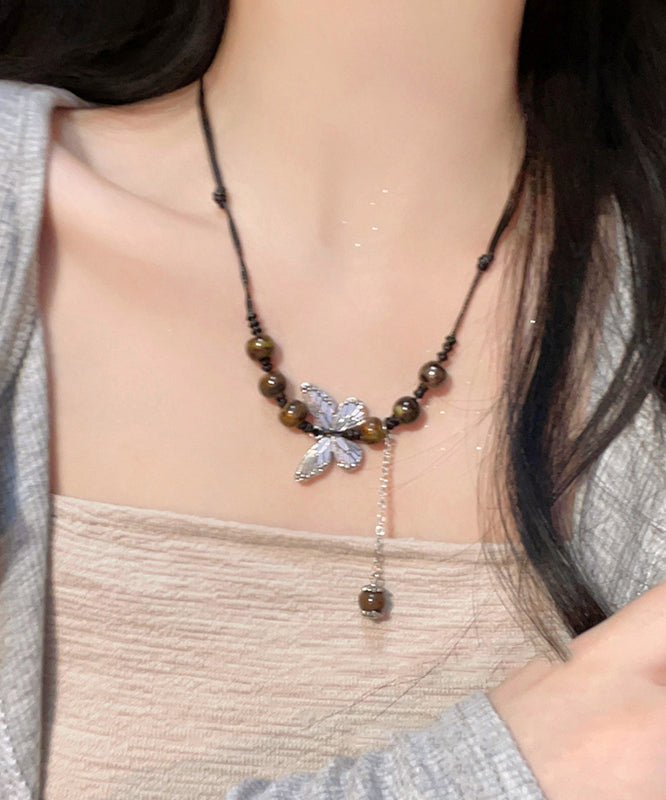 Women Coffee Hand Knitting Butterfly Tassel Pendant Necklace