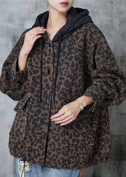 Women Coffee Hooded Leopard Print Warm Fleece Coat Spring