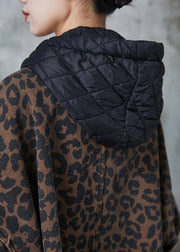 Women Coffee Hooded Leopard Print Warm Fleece Coat Spring