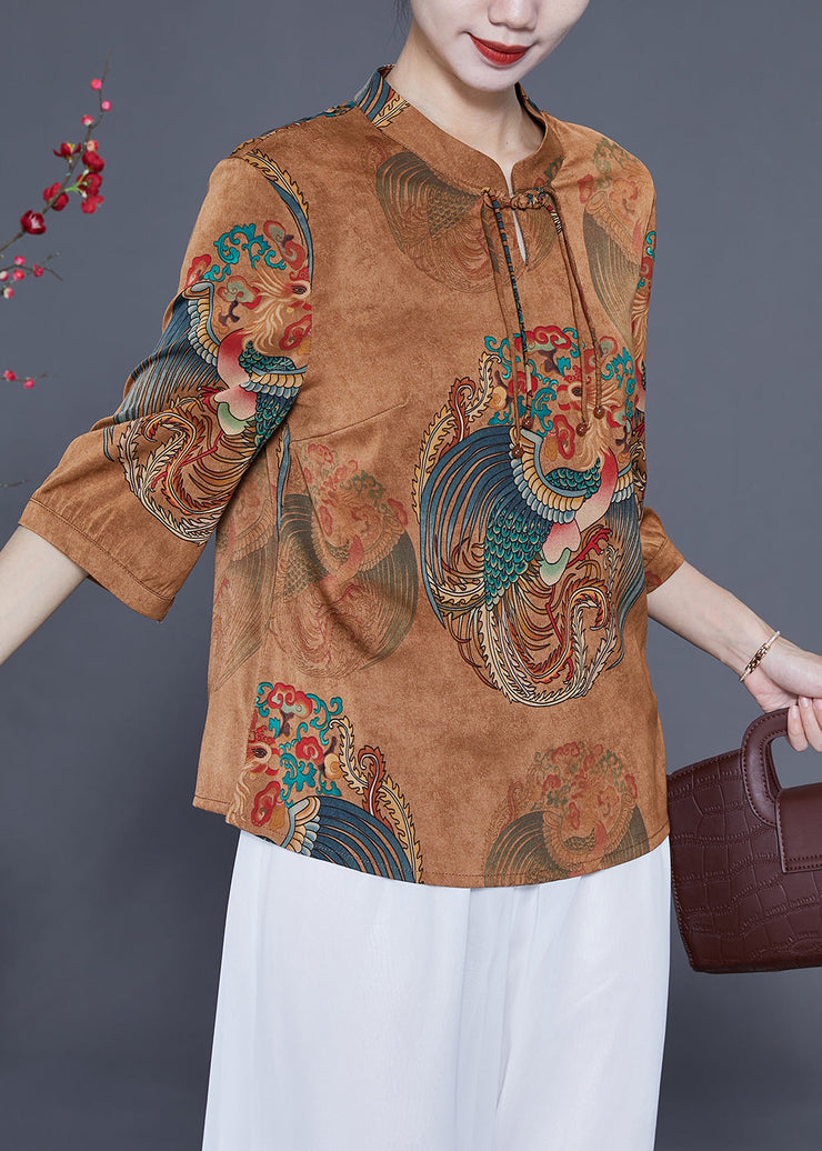 Women Coffee Mandarin Collar Chinese Button Tassel Print Silk Top Bracelet Sleeve