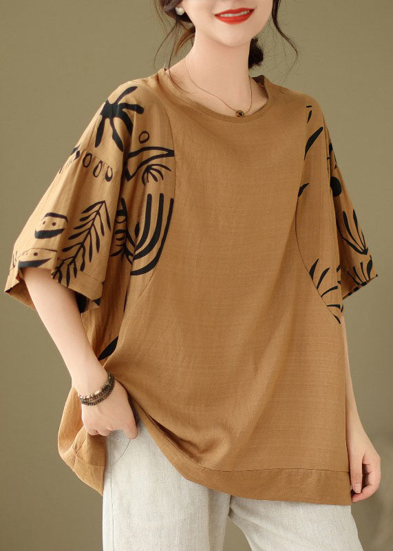 Women Coffee O-Neck Print Cozy Top Summer