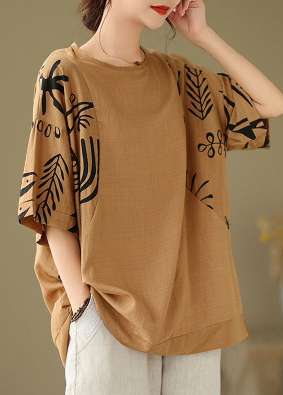 Women Coffee O-Neck Print Cozy Top Summer