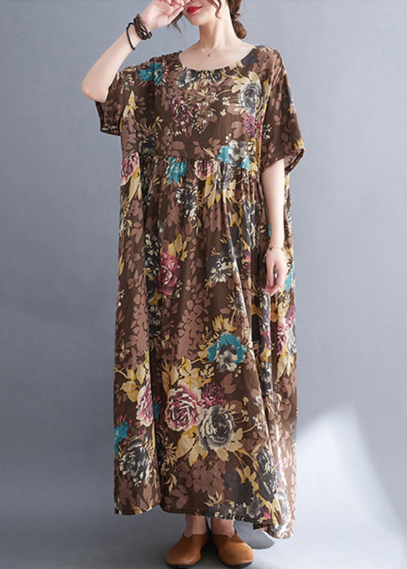 Women Coffee O-Neck Print Maxi Dress Short Sleeve