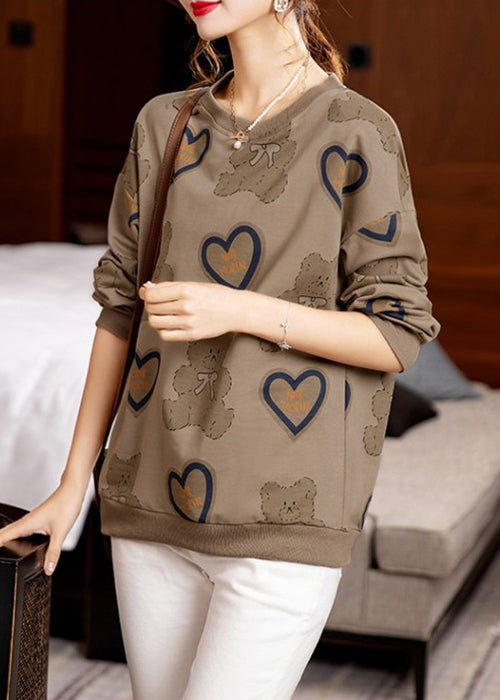 Women Coffee O Neck Print Patchwork Cotton Sweatshirt Fall