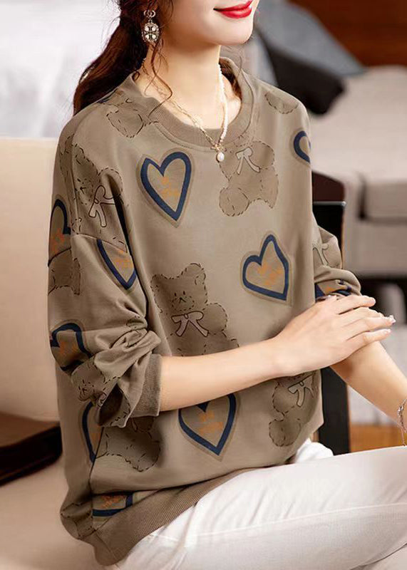 Women Coffee O Neck Print Patchwork Cotton Sweatshirt Fall