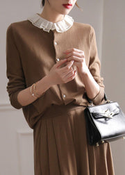 Women Chocolate O-Neck Ruffled Patchwork Cashmere Cardigans Spring