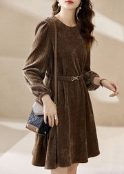 Women Coffee O Neck Sashes Patchwork Silk Velour Mid Dress Spring