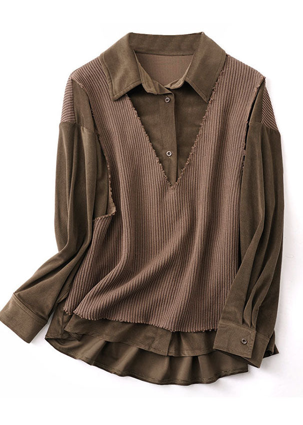 Women Chocolate Peter Pan Collar Knit Patchwork Fake Two Piece Shirts