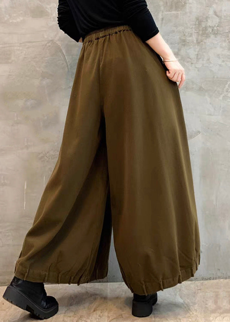 Women Coffee Pockets Elastic Waist Cotton Crop Pants Spring