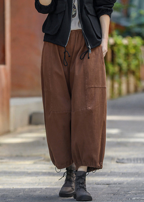 Women Coffee Pockets Elastic Waistk Cotton Crop Pants Summer