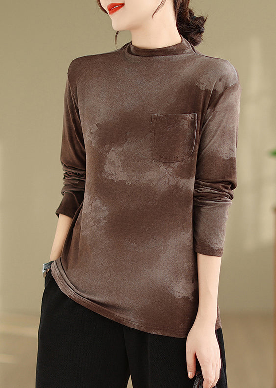 Women Coffee Pockets Patchwork Cotton T Shirt Fall