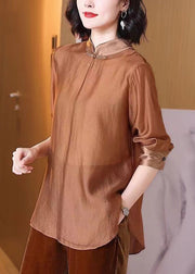 Women Coffee Stand Collar Button Cotton Shirt Spring