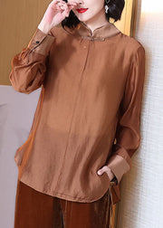 Women Coffee Stand Collar Button Cotton Shirt Spring