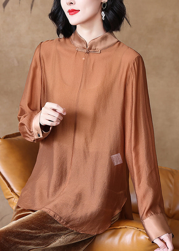 Women Coffee Stand Collar Button Cotton Shirt Spring