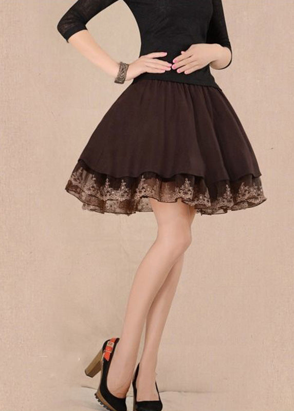 Women Chocolate Tulle Patchwork High Waist Woolen A Line Skirts Winter