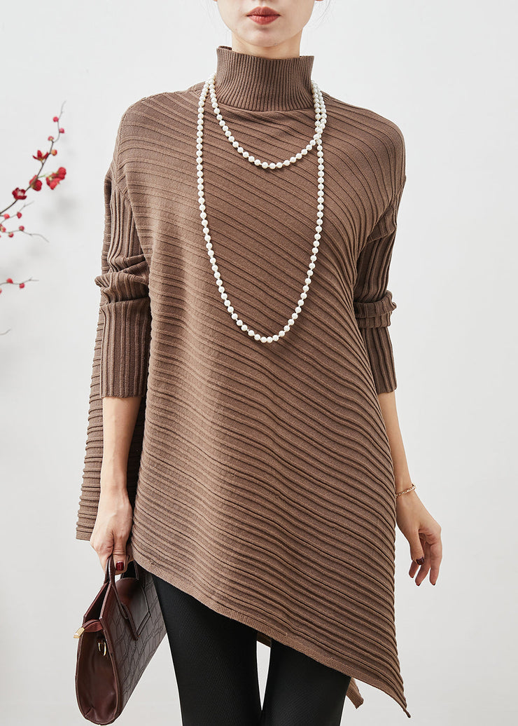 Women Coffee Turtle Neck Asymmetrical Design Knit Tops Spring