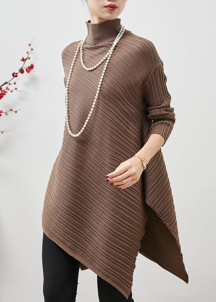 Women Coffee Turtle Neck Asymmetrical Design Knit Tops Spring