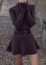 Women Coffee Turtleneck Cozy Knit Mid Dress Flare Sleeve