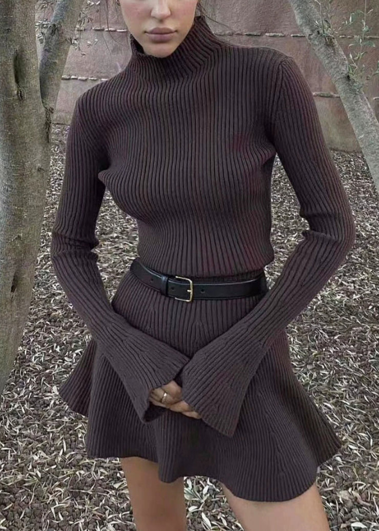 Women Coffee Turtleneck Cozy Knit Mid Dress Flare Sleeve