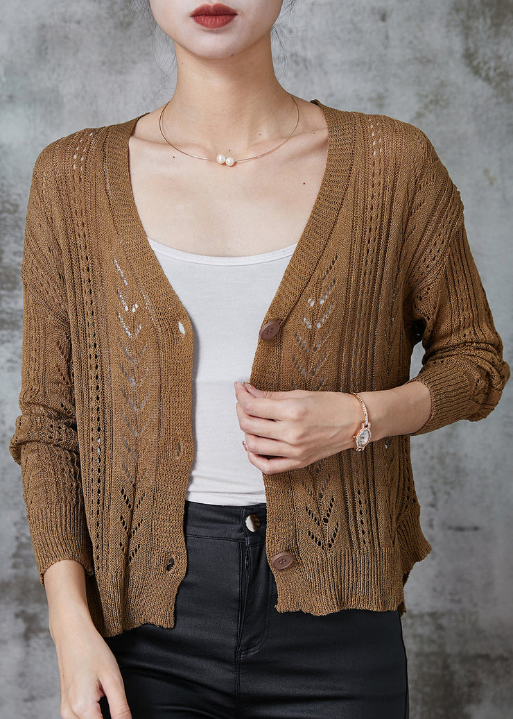 Women Coffee V Neck Hollow Out Knit Cardigans Spring