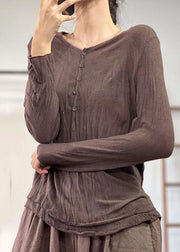 Women Chocolate V Neck Wrinkled Layered Cotton Shirt Top Fall