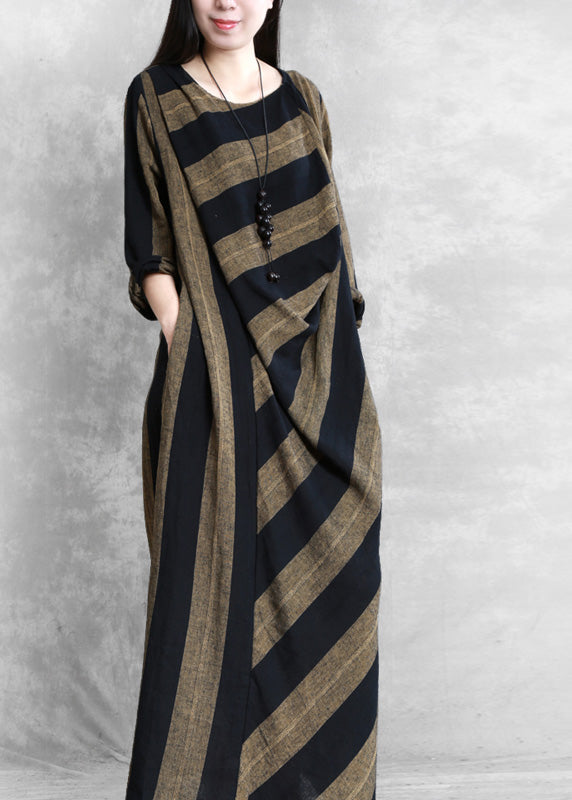 Women Coffee Yellow Striped Patchwork Long Dress Long Sleeve