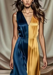 Women Colorblock Asymmetrical Patchwork Draping Silk Long Dress Summer