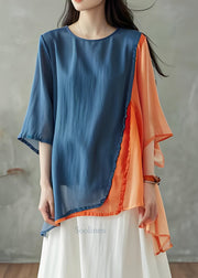 Women Colorblock O Neck Asymmetrical Design Cotton Top Summer