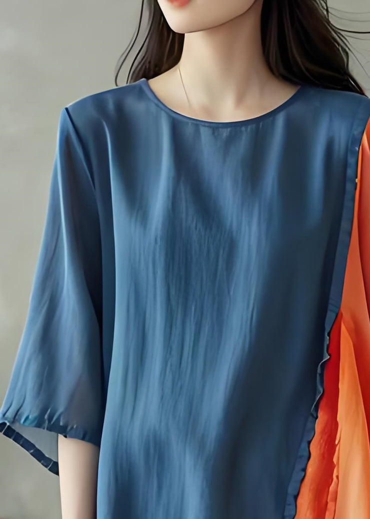 Women Colorblock O Neck Asymmetrical Design Cotton Top Summer