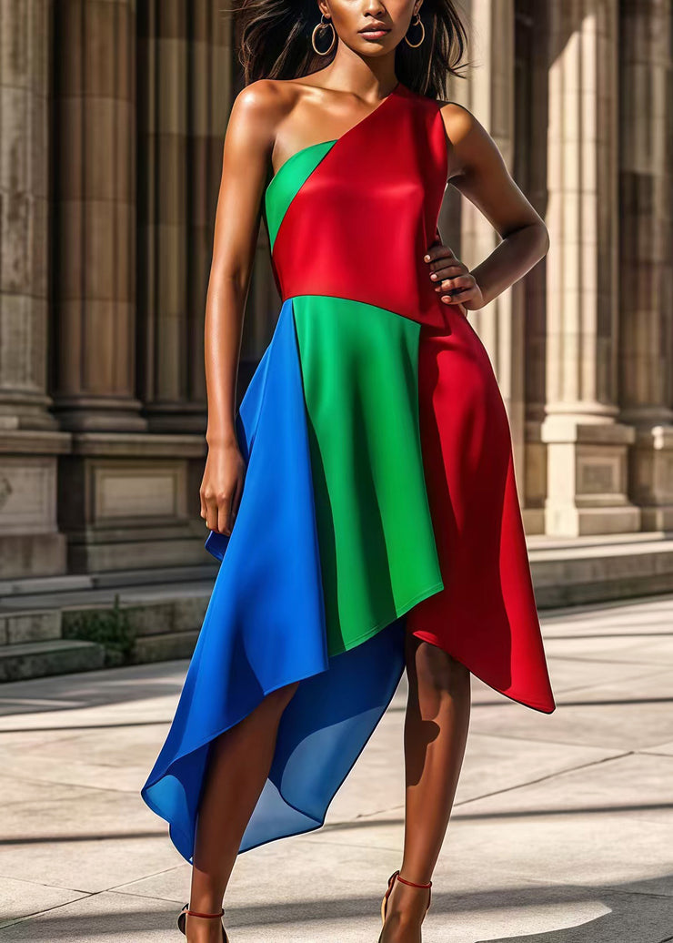 Women Colorblock One Shoulder Patchwork Silk Party Dress Summer