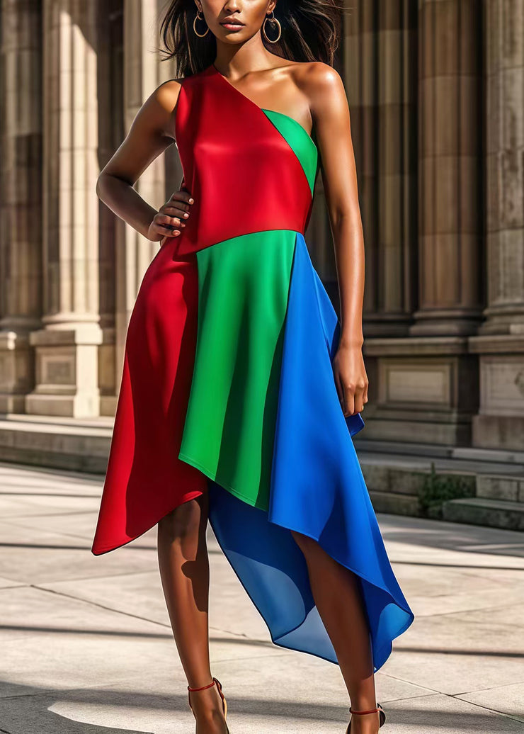 Women Colorblock One Shoulder Patchwork Silk Party Dress Summer