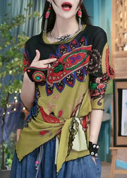 Women Colorblock Print Lace Up Cotton Top Long Sleeve