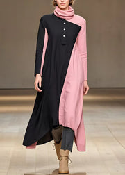 Women Colorblock Turtleneck Patchwork Button Long Dress Fall