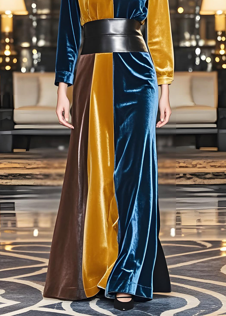 Women Colorblock V Neck Sashes Velvet Ankle Dress Fall