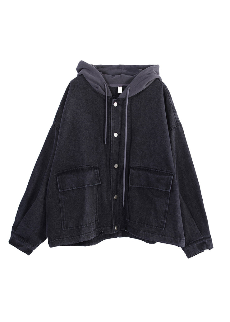 Women Dark Grey Drawstring Knit Patchwork Button Denim Hooded Coats Fall