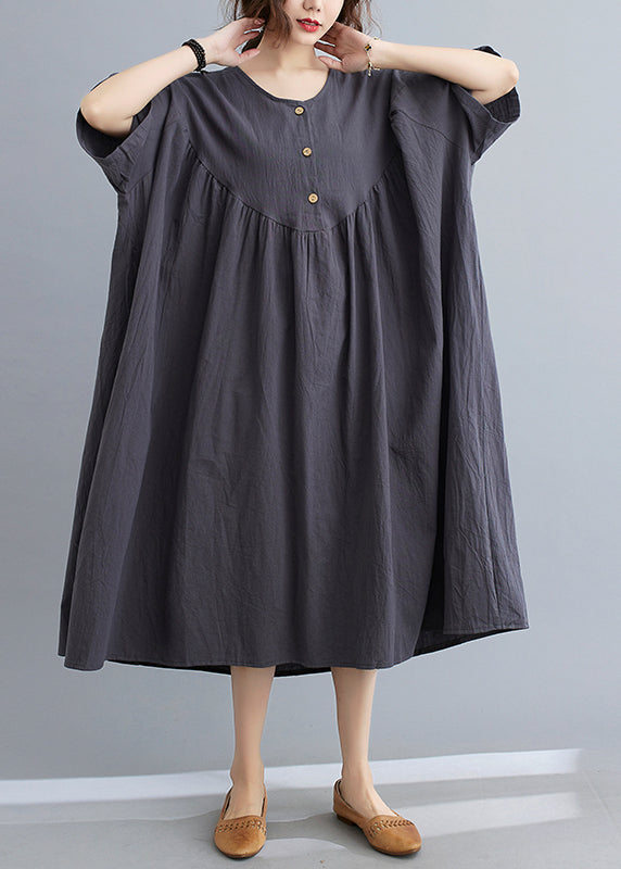 Women Dark Grey Patchwork Button Long Dresses Short Sleeve