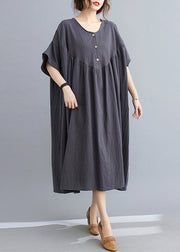 Women Dark Grey Patchwork Button Long Dresses Short Sleeve