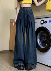 Women Denim Blue Button Pockets Denim Wide Leg Pants Summer