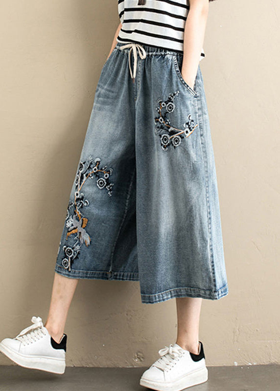 Women Denim Blue Embroideried Tie Waist Wide Leg Pants Summer