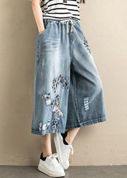 Women Denim Blue Embroideried Tie Waist Wide Leg Pants Summer