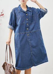 Women Denim Blue Oversized Patchwork Cotton Mid Dress Fall